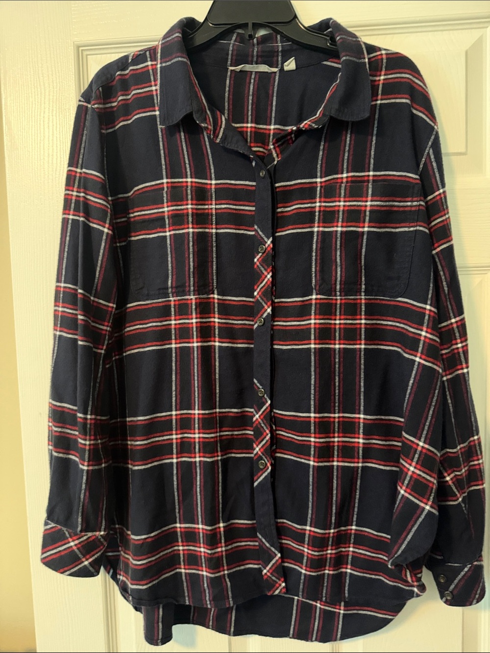 Athleta Navy Plaid Button-Down Shirt with Red and White Stripes